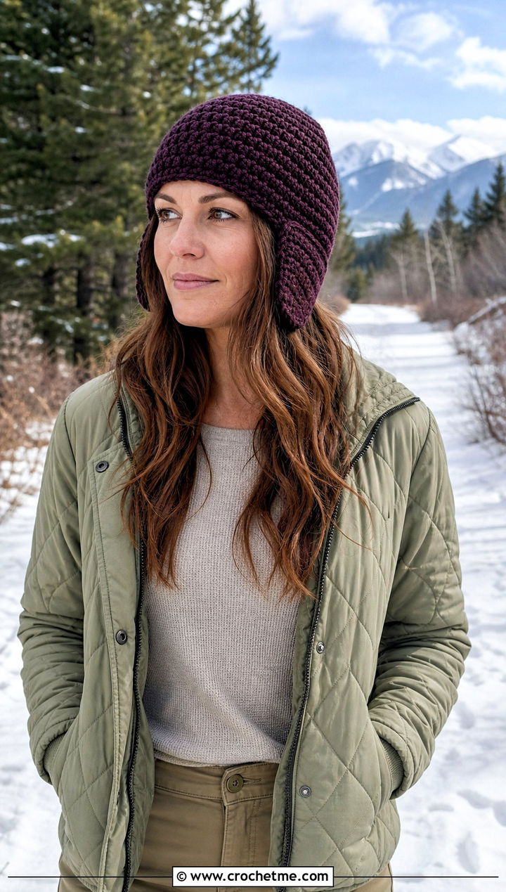 Trapper Half Double Crochet Hat With Quilted Coat And Utility Pants - 30 Half Double Crochet Hat outfit ideas