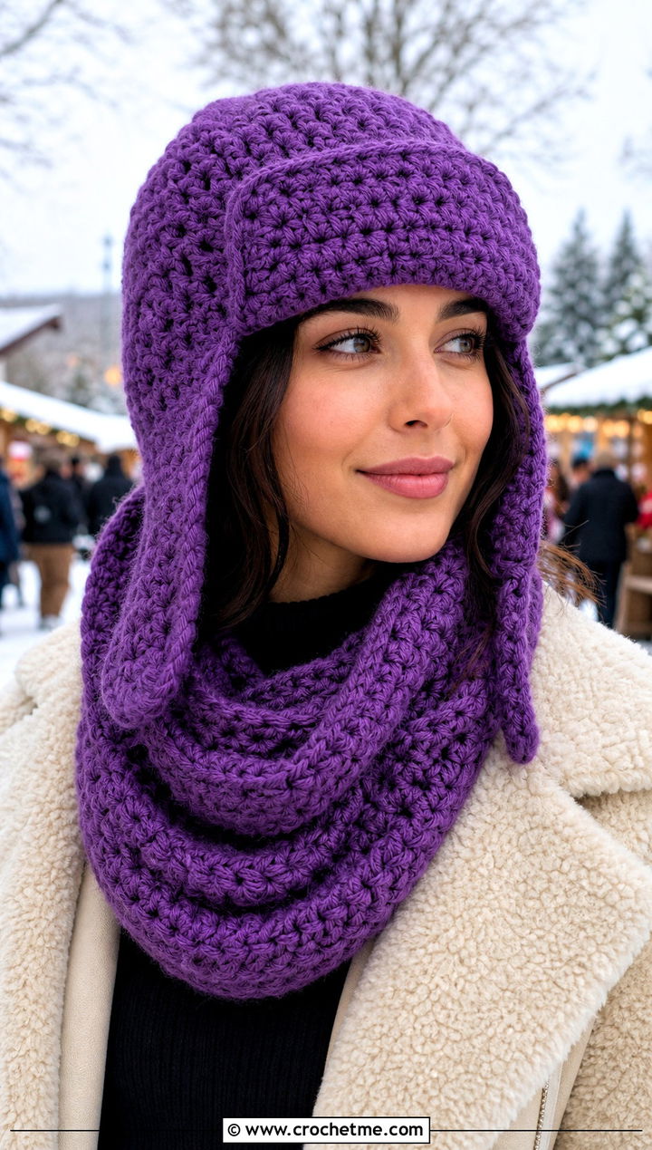 Trapper Hat And Cowl Scarf Set With Shearling Coat - 25 Crochet Scarf And Hat Set outfit ideas