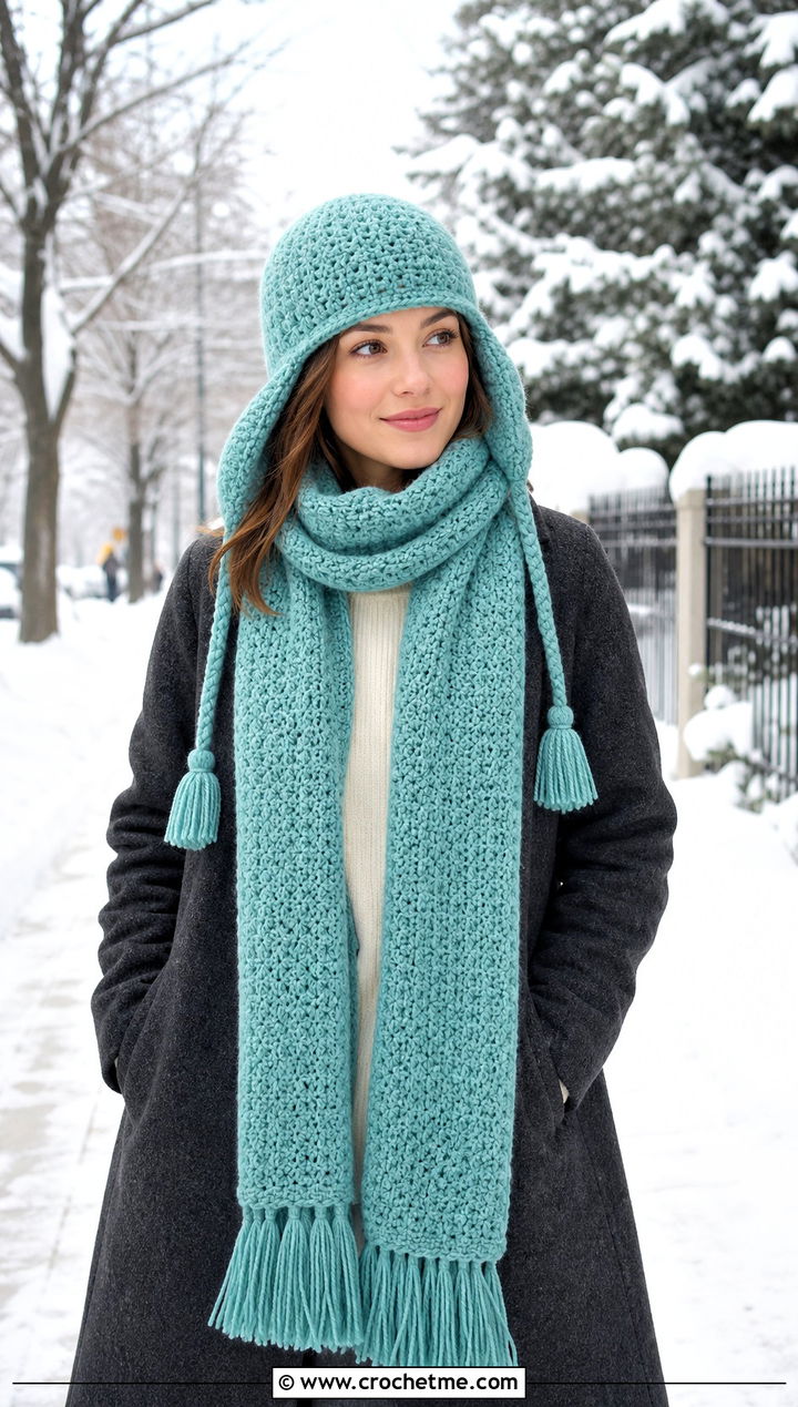 Trapper Hat And Muffler Scarf With Wool Coat - 30 crochet hat and scarf outfit ideas
