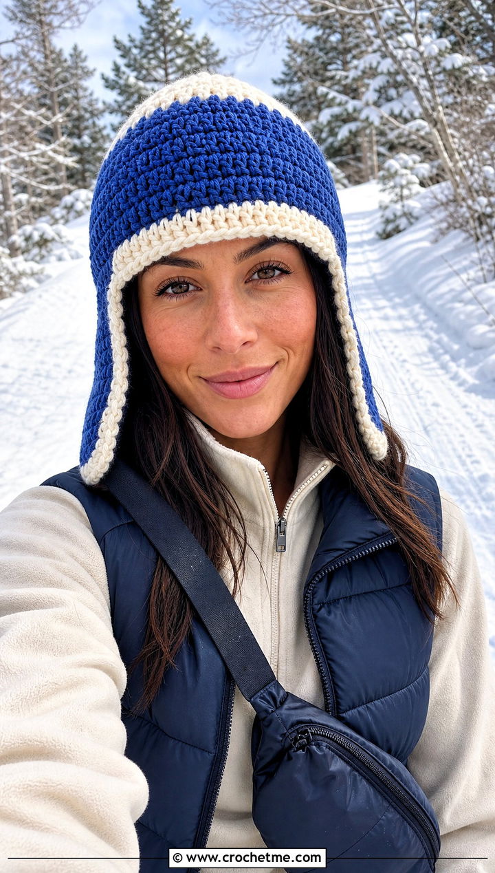 Trapper Knit Look Crochet Hat With Puffer Vest - 20 Crochet Knit Look Hat outfit ideas