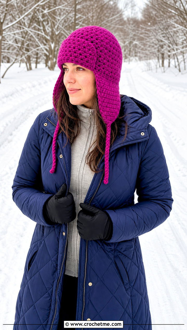 Trapper Lemon Peel Stitch Crochet Hat With Quilted Coat And Snow Boots - 15 Lemon Peel Stitch Crochet Hat outfit ideas