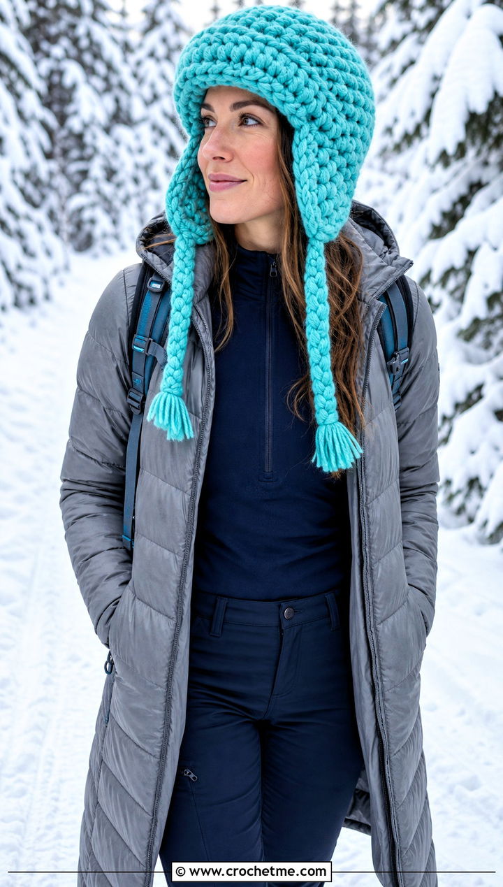 Trapper Super Bulky Crochet Hat With Quilted Coat - 15 Crochet Hat With Super Bulky Yarn outfit ideas