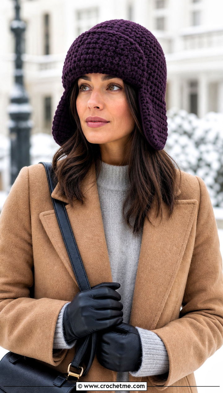 Trapper Waffle Crochet Hat With Wool Coat - 20 Waffle Crochet Hat outfit ideas