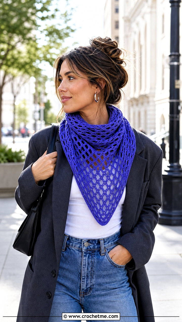 Treble Mesh Triangle Shawl With Blazer And Jeans - 30 Crochet Mesh Triangle Shawl outfit ideas