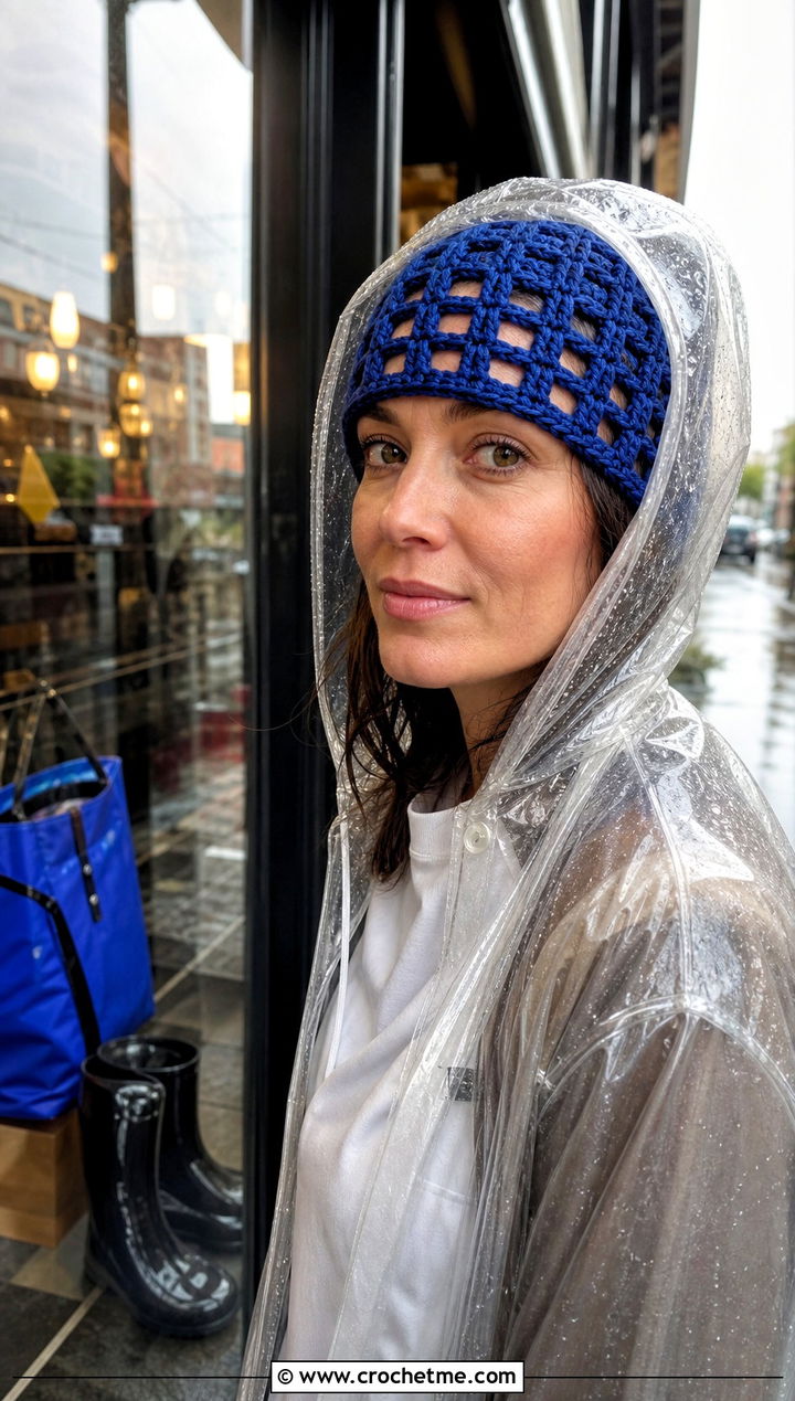 Trellis Lace Crochet Beanie With Clear Raincoat And Jeans - 30 crochet lace beanie outfit ideas