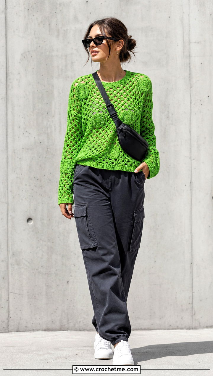 Trellis Stitch Irish Sweater With Cargo Pants - 25 Crochet Irish Sweater outfit ideas