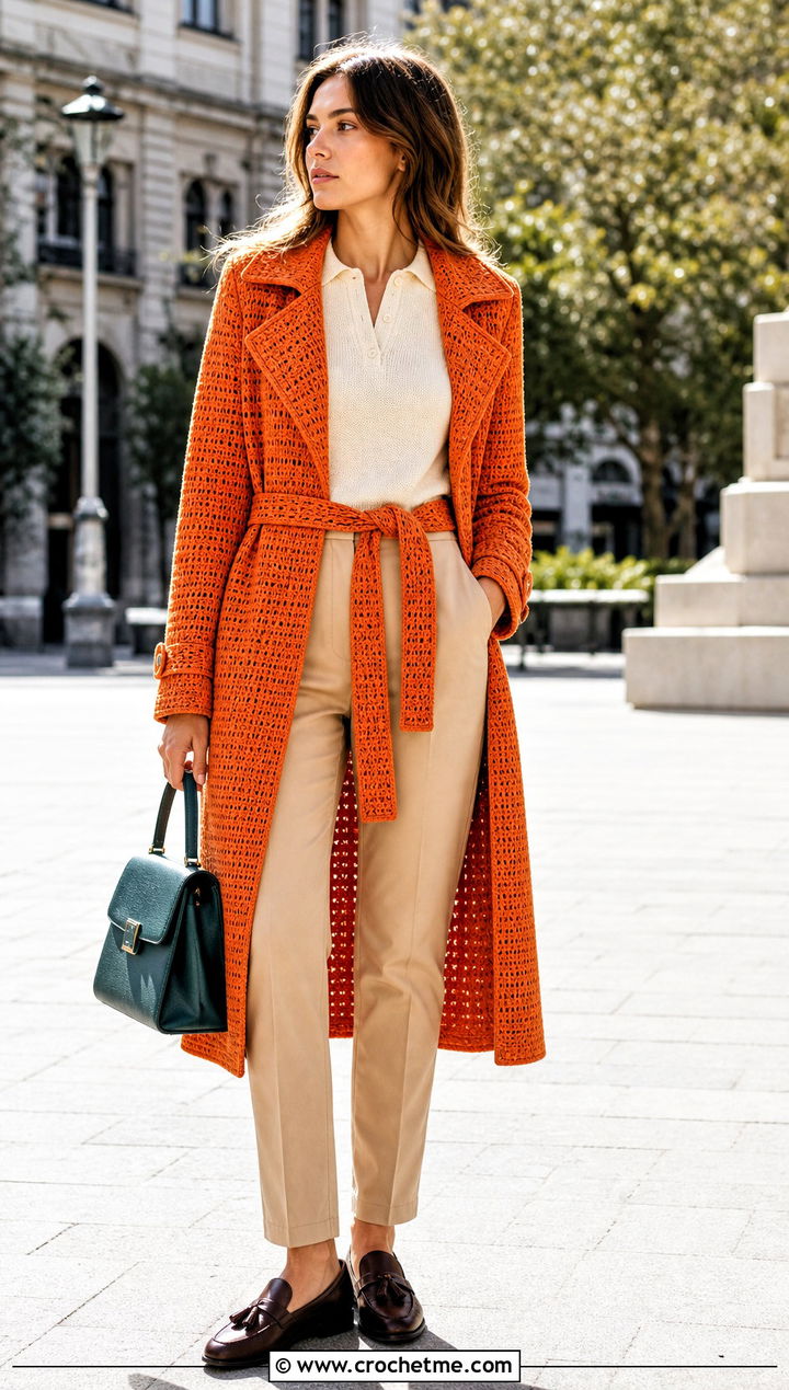 Trench Style Crochet Coat With A Knit Polo - 25 Crochet Coat For Women outfit ideas