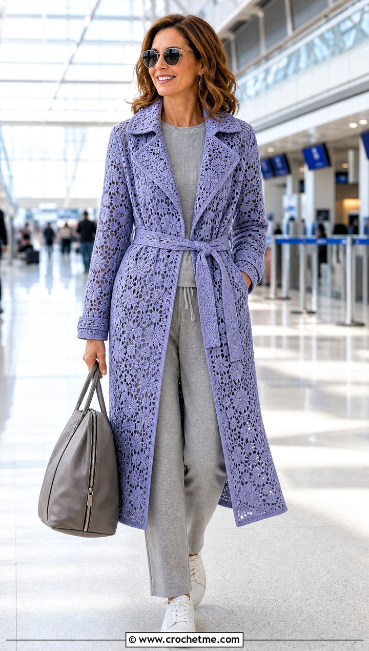 Trench Style Irish Crochet Coat With Knit Travel Set - 25 irish crochet coat outfit ideas