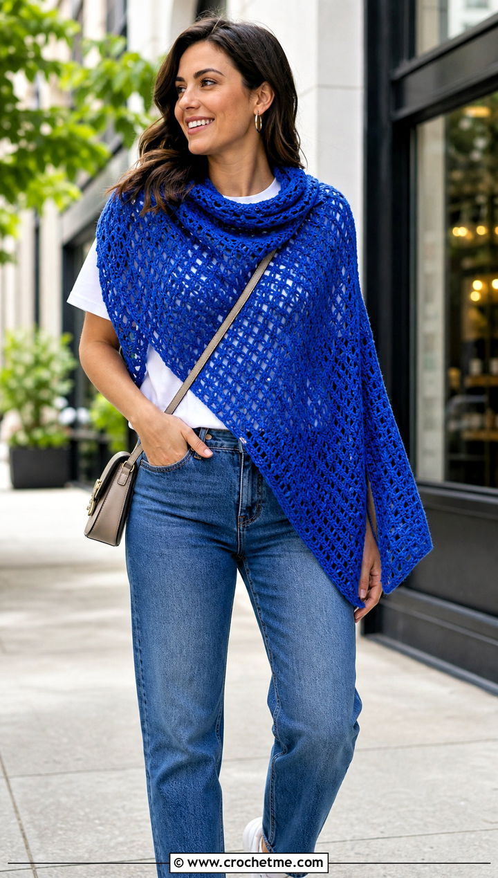 Triangle Skein Crochet Shawl With White Tee And Jeans - 15 Easy 1 Skein Crochet Shawl outfit ideas