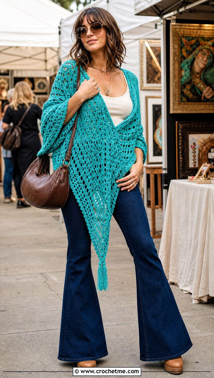 Triangle Asymmetrical Crochet Poncho With Flared Jeans - 25 Asymmetrical Crochet Poncho outfit ideas