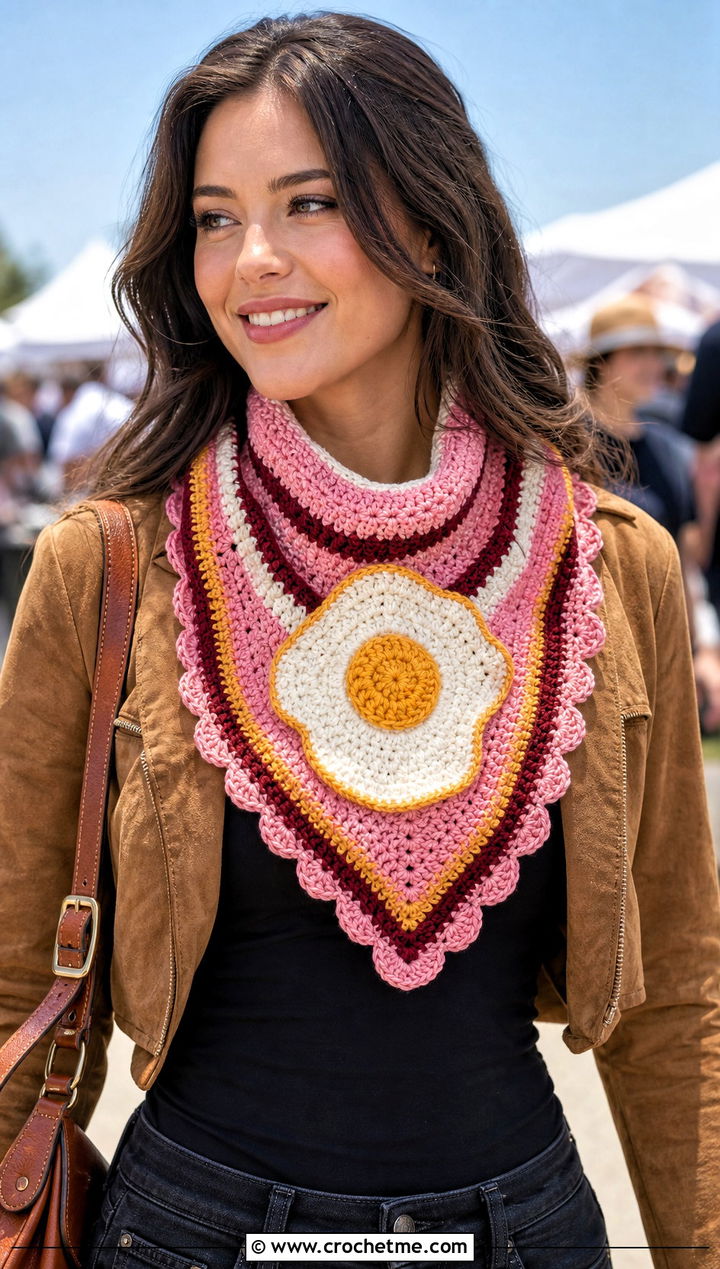 Triangle Bacon And Eggs Scarf With Western Jacket - 20 Crochet Bacon And Eggs Scarf outfit ideas