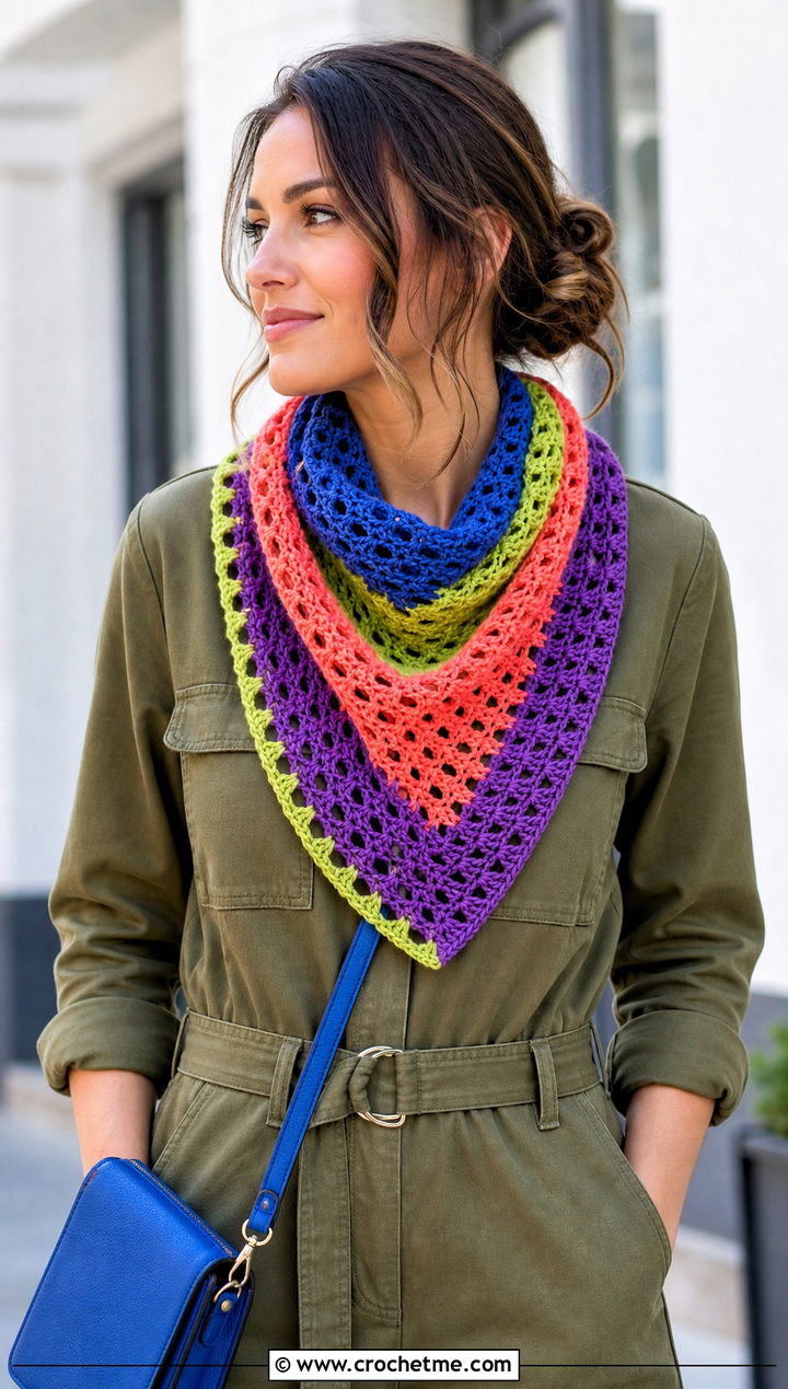 Triangle Bandana Crochet Scarf With Utility Jumpsuit - 25 multi colored crochet scarf outfit ideas