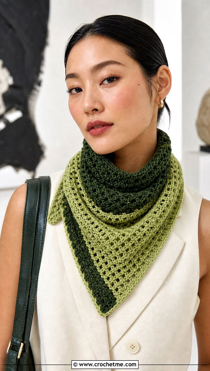 Triangle Bandana Two Tone Crochet Scarf With Tailored Vest - 25 two tone crochet scarf outfit ideas