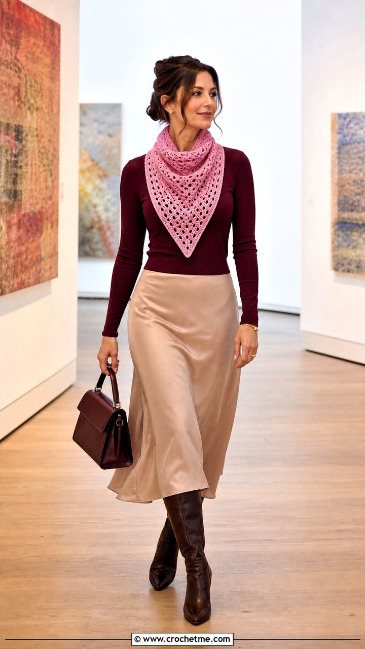 Triangle Bib Crochet Cowl Neck Warmer With Satin Skirt Outfit - 35 crochet cowl neck warmer outfit ideas