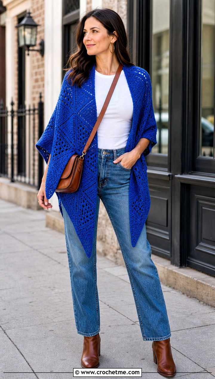 Triangle Block Stitch Crochet Shawl With Jeans - 15 Block Stitch Crochet Shawl outfit ideas