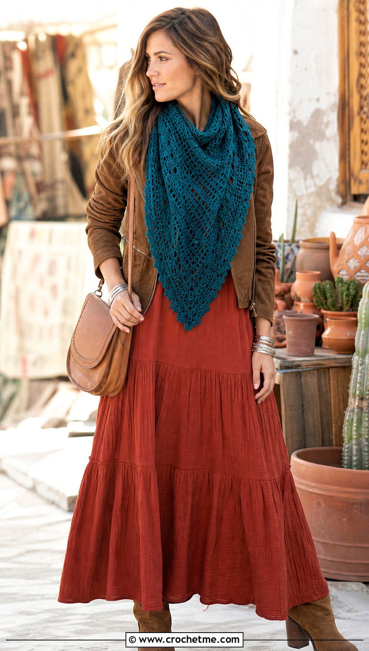 Triangle Bonfire Scarf With Boho Maxi Dress - 20 Crochet Bonfire Scarf outfit ideas