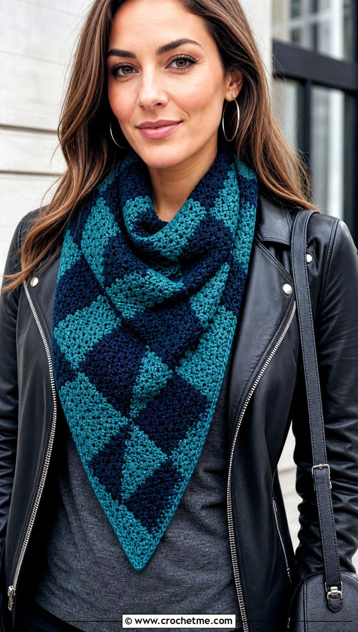 Triangle Buffalo Plaid Crochet Scarf With Leather Jacket - 15 buffalo plaid crochet scarf outfit ideas