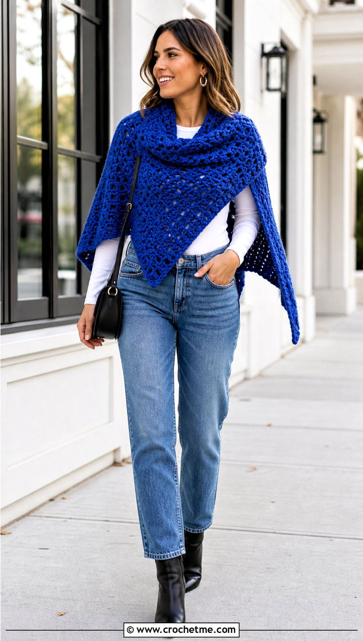 Triangle Bulky Yarn Crochet Shawl With Straight Leg Jeans - 20 Bulky Yarn Crochet Shawl outfit ideas