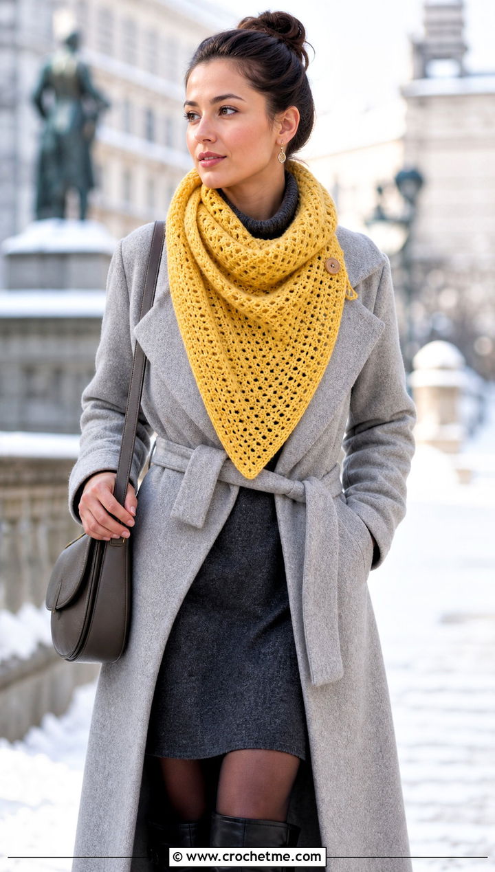 Triangle Button Scarf With Sweater Dress - 15 Button Crochet Scarf outfit ideas
