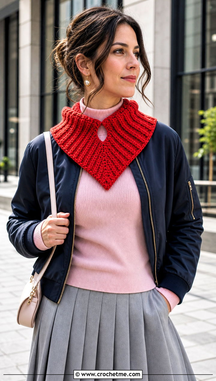 Triangle Cari Keyhole Crochet Scarf With Pleated Skirt and Sneakers - 15 Cari Keyhole Crochet Scarf outfit ideas
