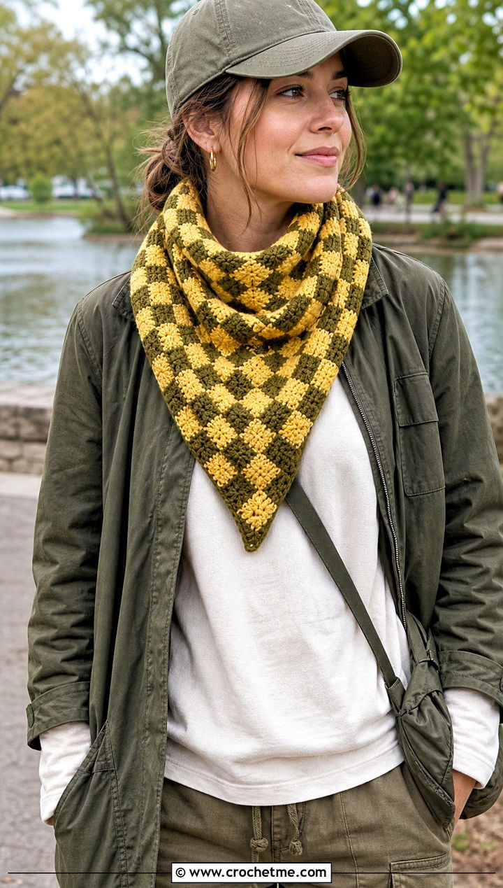Triangle Checkered Crochet Scarf With Utility Jacket and Cargo Pants - 20 Checkered Crochet Scarf outfit ideas