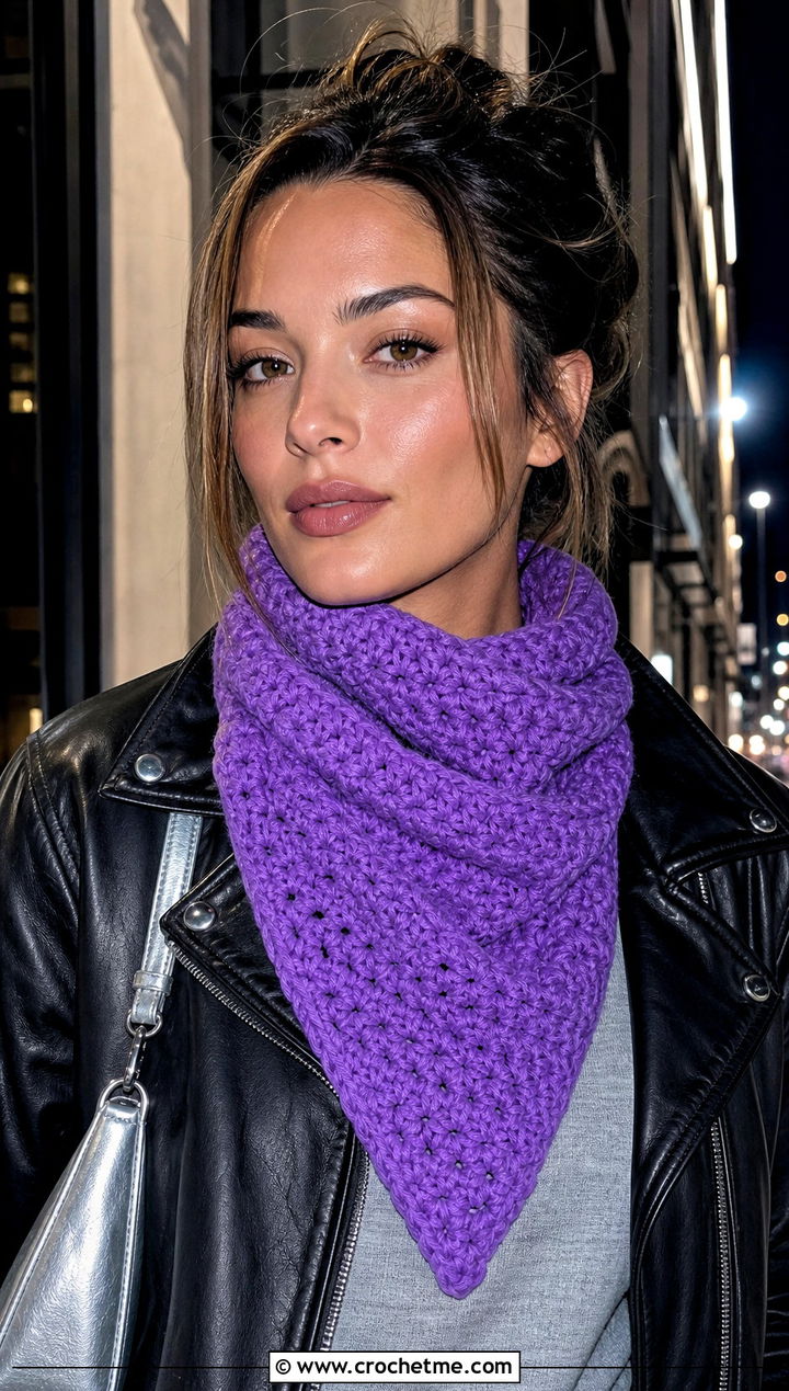 Triangle Chunky Crochet Scarf With Leather Jacket - 15 Crochet Scarves Chunky Yarn outfit ideas