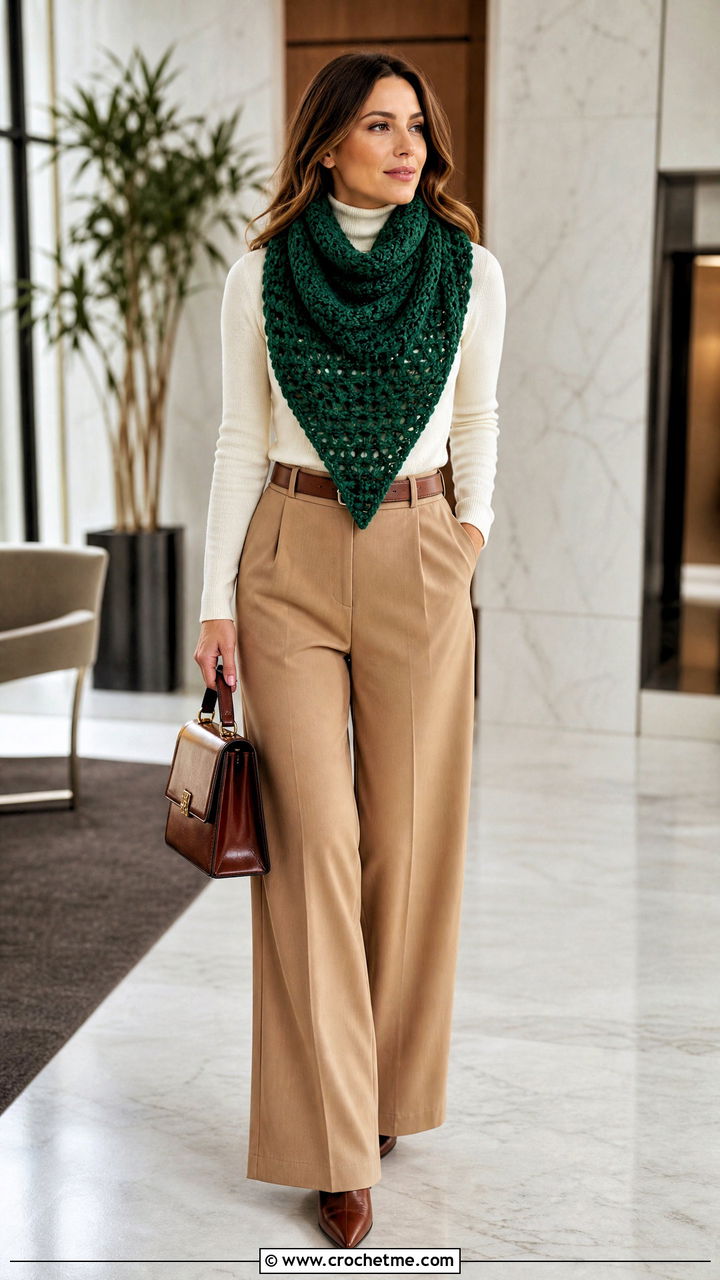 Triangle Chunky Crochet Scarf With Turtleneck And Wide Leg Pants - 35 chunky crochet scarf outfit ideas