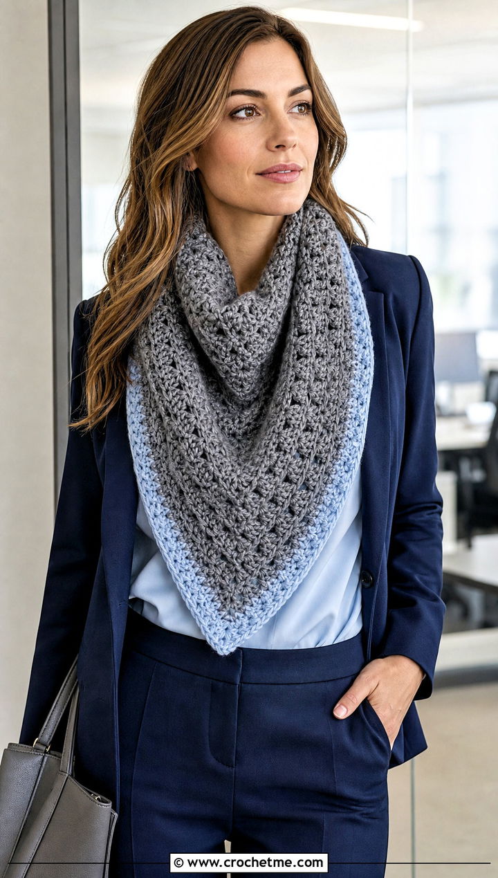 Triangle Chunky Gray Crochet Scarf With Blazer And Trousers - 15 Chunky Gray Crochet Scarf outfit ideas