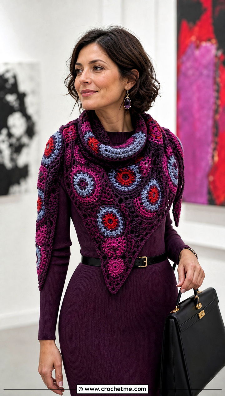 Triangle Circle Crochet Shawl Scarf With Knit Dress And Tall Boots - 15 crochet scarf with colorful circles outfit ideas
