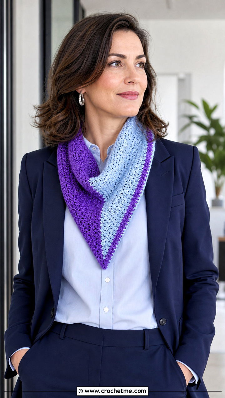 Triangle Color Block Crochet Scarf With Blazer And Trousers - 25 Color Block Crochet Scarf outfit ideas