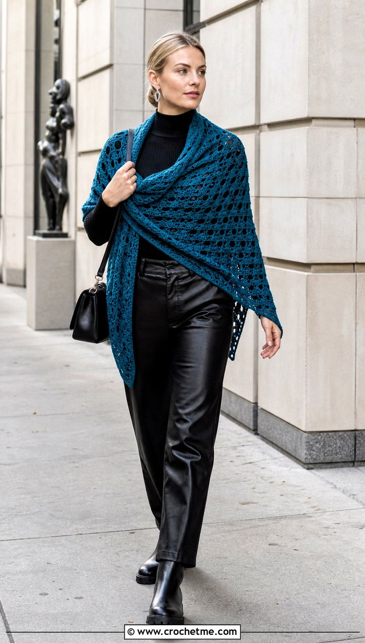 Triangle Crochet Blanket Shawl With Leather Pants - 15 Crochet Shawl Blanket outfit ideas