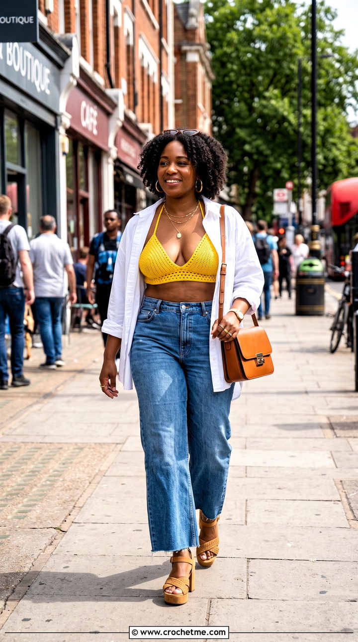 Triangle Crochet Bra With Wide Leg Jeans - 35 crochet bra outfit ideas