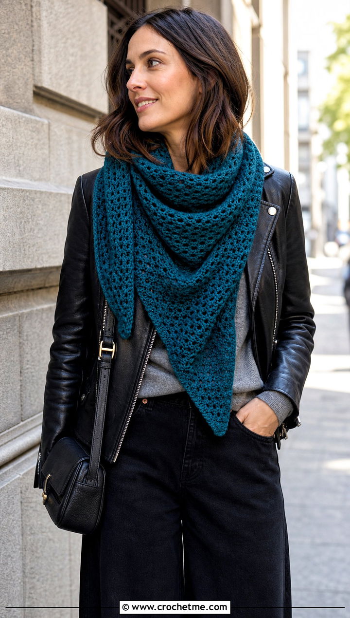 Triangle Crochet Cashmere Scarf With Leather Jacket - 25 crochet cashmere scarf outfit ideas