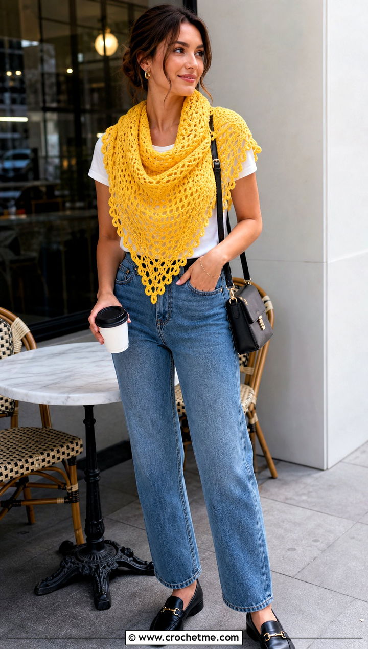 Triangle Crochet Cotton Shawl With Jeans And Loafers - 15 Crochet Cotton Shawl outfit ideas