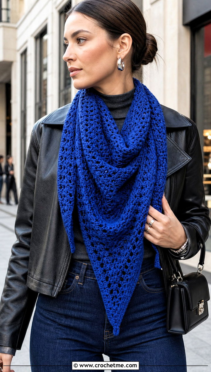 Triangle Crochet Fall Scarf With Leather Jacket - 15 Crochet Fall Scarf outfit ideas