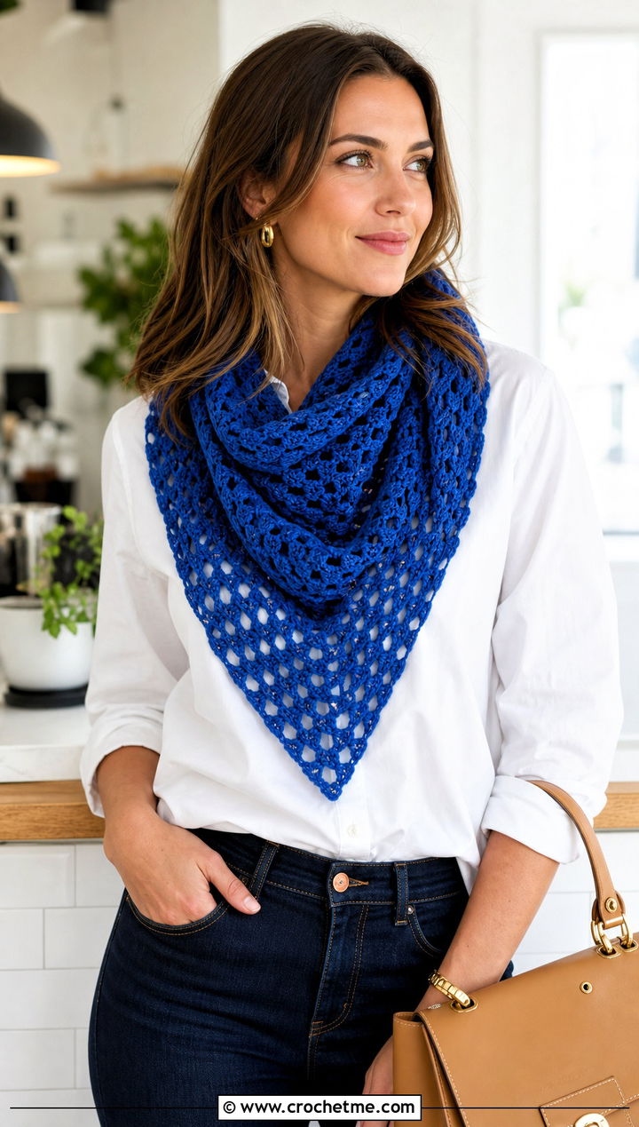 Triangle Crochet Granny Stitch Scarf With White Shirt - 30 crochet granny stitch scarf outfit ideas