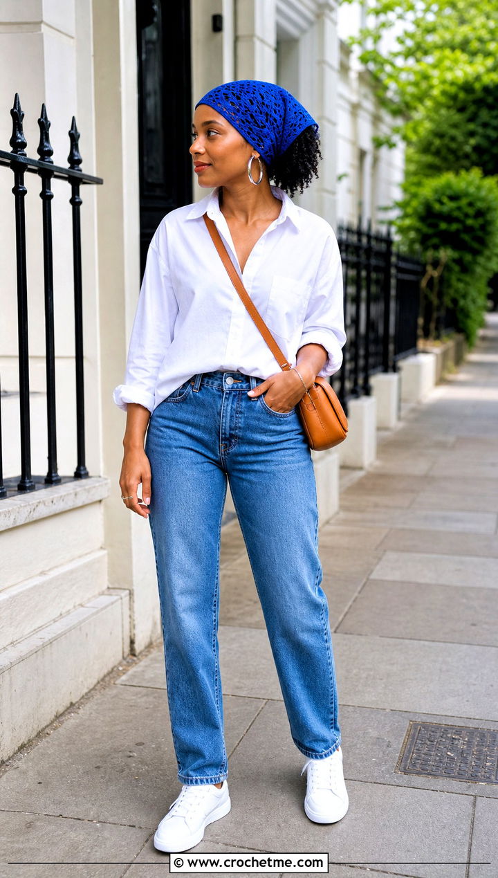 Triangle Crochet Hair Wrap With White Shirt And Jeans - 35 crochet hair wrap outfit ideas