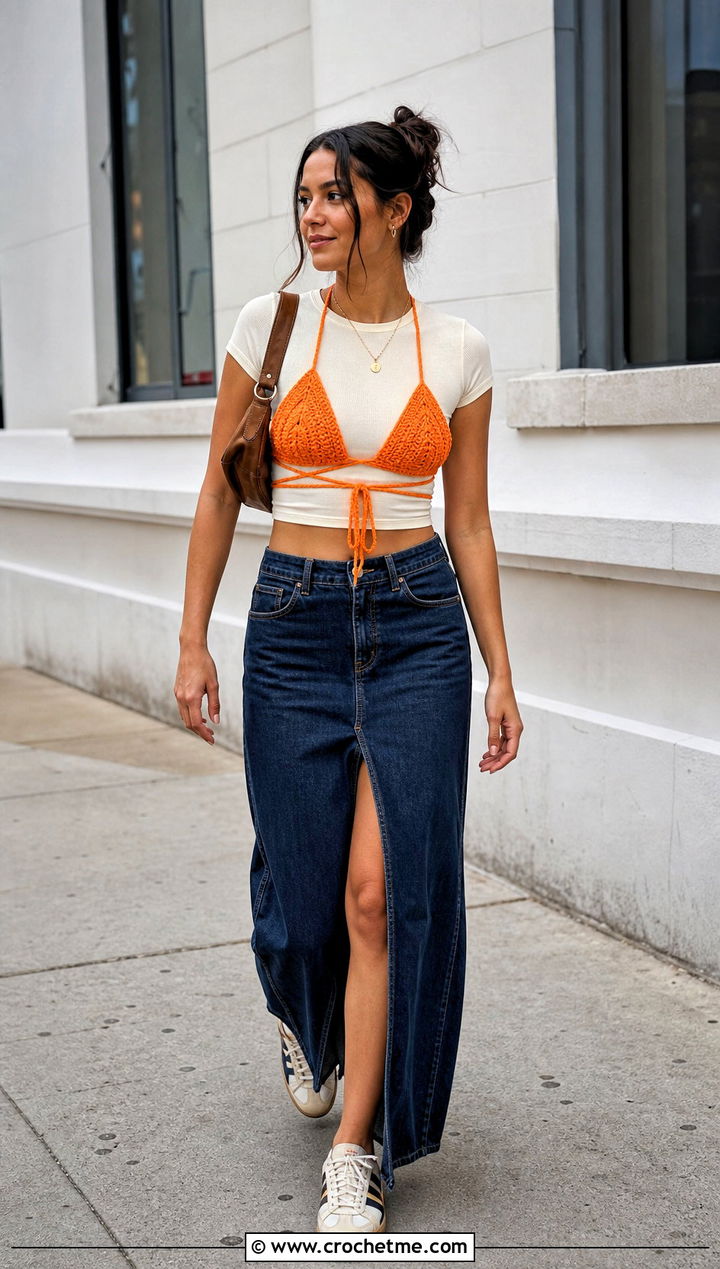 Triangle Crochet Harness Top With Denim Maxi Skirt - 15 Crochet Harness Top outfit ideas