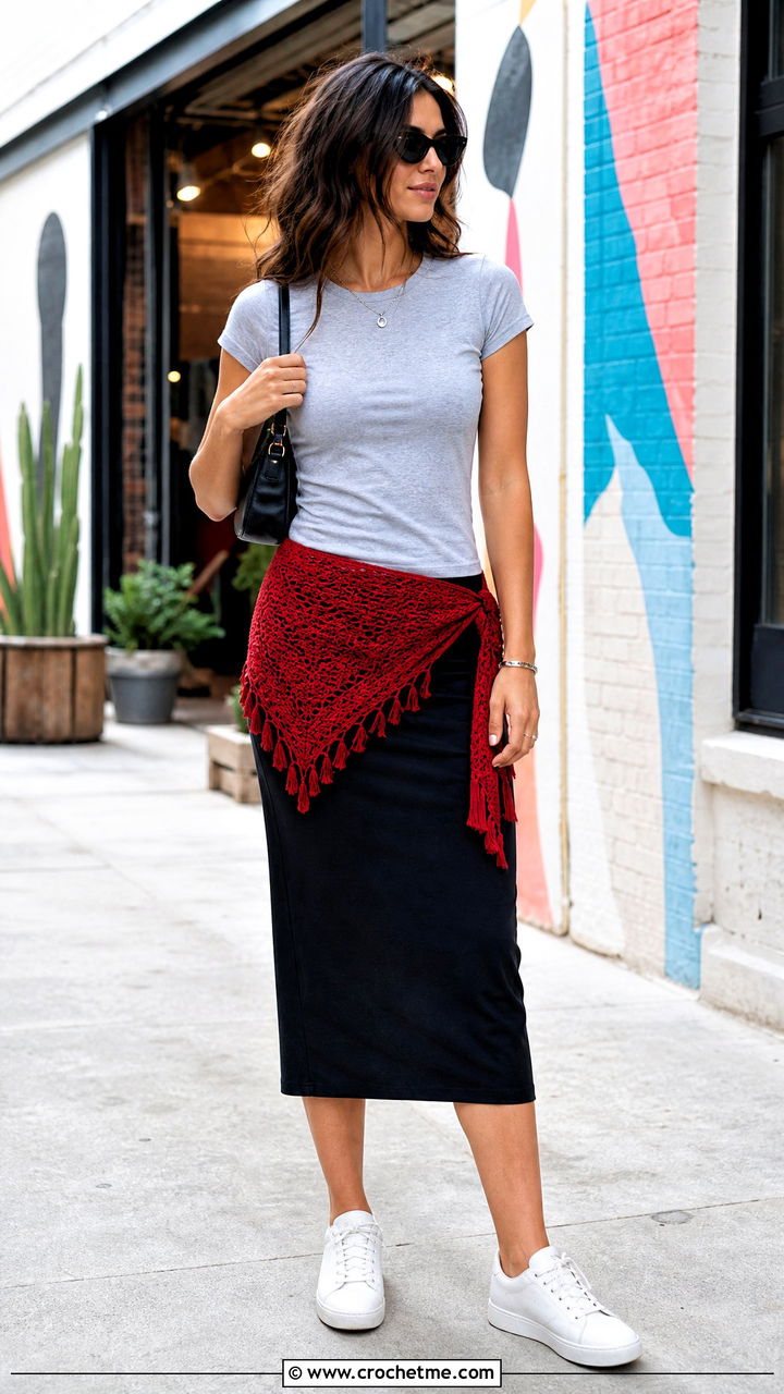 Triangle Crochet Hip Scarf With T Shirt And Column Skirt - 35 simple crochet scarf outfit ideas