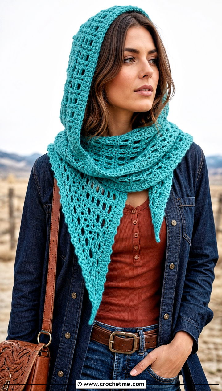 Triangle Crochet Hooded Scarf With Western Denim Outfit - 30 crochet scarf with hood outfit ideas