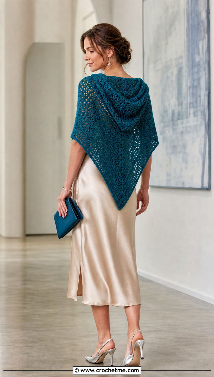 Triangle Crochet Hooded Shawl With Satin Slip Dress - 35 crochet hooded shawl outfit ideas
