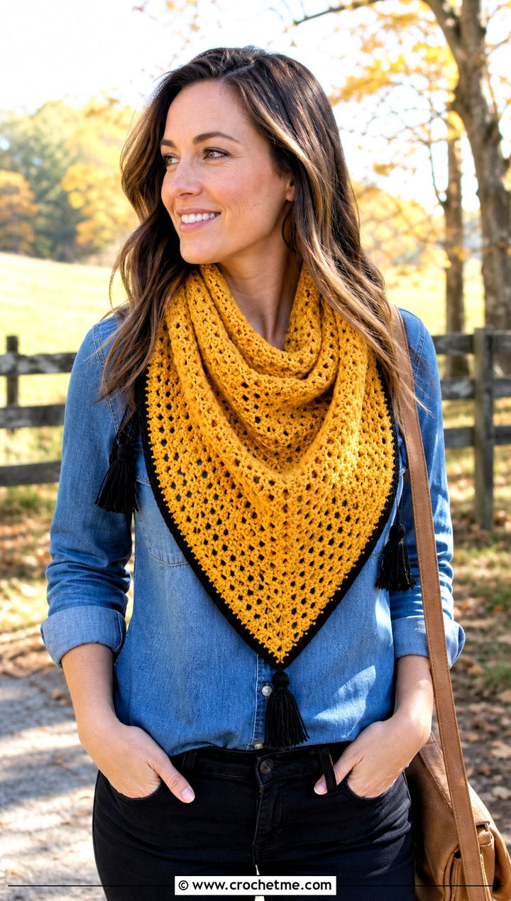 Triangle Crochet Hufflepuff Scarf With Denim Shirt - 30 crochet hufflepuff scarf outfit ideas