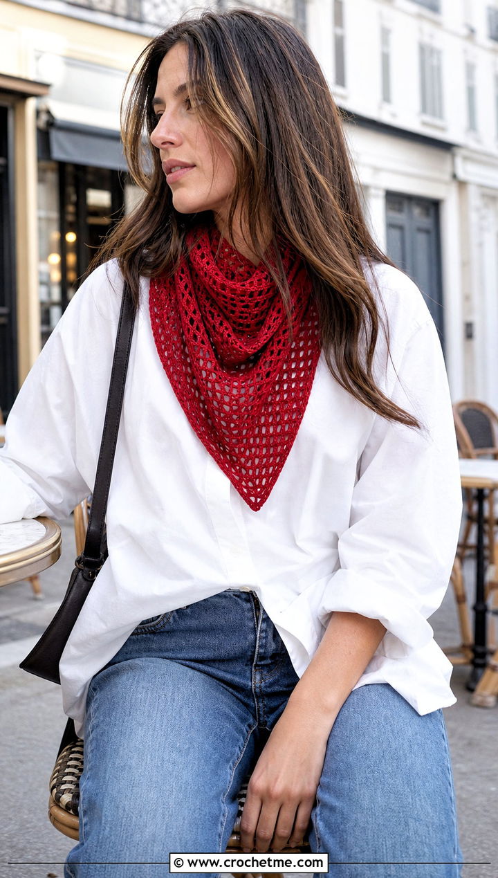 Triangle Crochet Kerchief Scarf With White Shirt And Jeans - 25 super crochet scarf outfit ideas