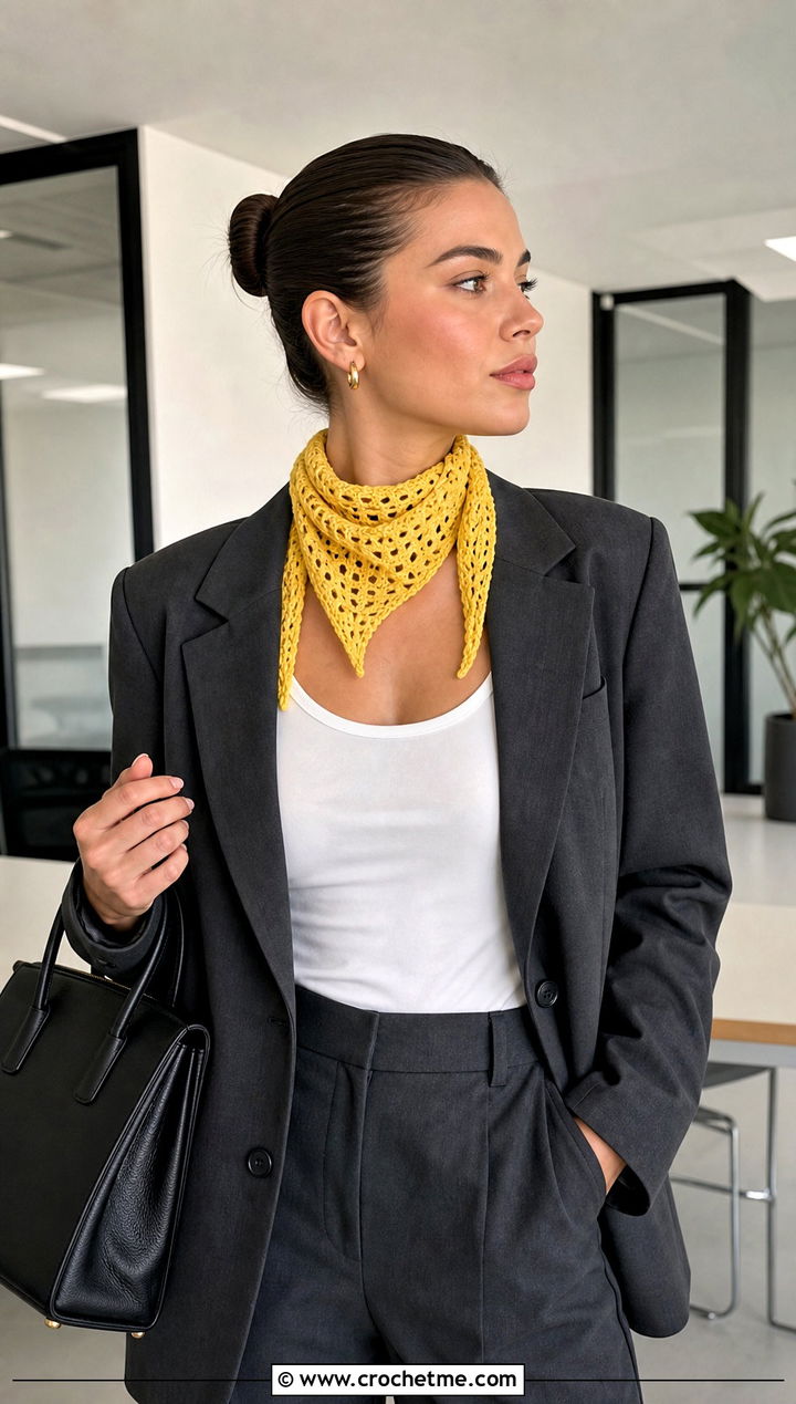 Triangle Crochet Kerchief With Blazer And Trousers - 15 elegant crochet scarf design outfit ideas