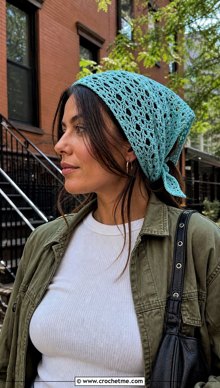 Triangle Crochet Kerchief With Utility Jacket - 25 Small Crochet Projects Clothes and outfit ideas