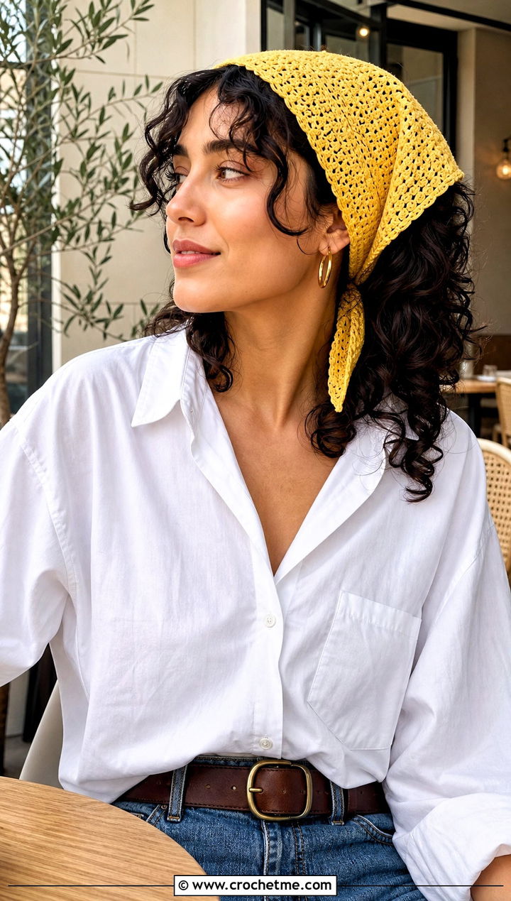 Triangle Crochet Kerchief With White Shirt And Jeans - 35 crochet headwrap outfit ideas