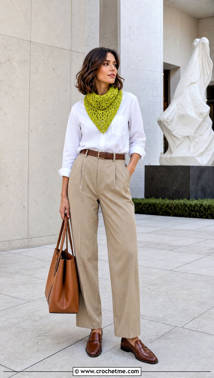 Triangle Crochet Kerchief With White Shirt - 35 crochet neck scarf outfit ideas