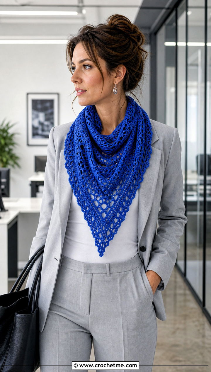 Triangle Crochet Lace Scarf With Blazer And Trousers - 30 easy crochet lace scarf outfit ideas