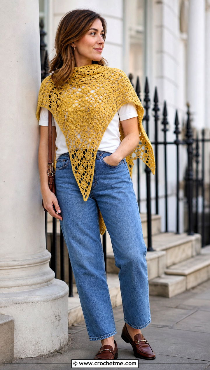 Triangle Crochet Lace Shawl With Straight Leg Jeans - 30 easy crochet lace shawl outfit ideas