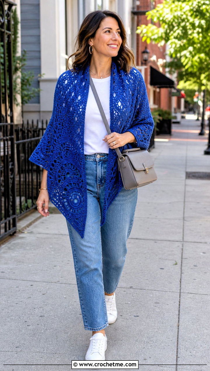 Triangle Crochet Mandala Shawl With Straight Leg Jeans - 25 Crochet Mandala Shawl outfit ideas